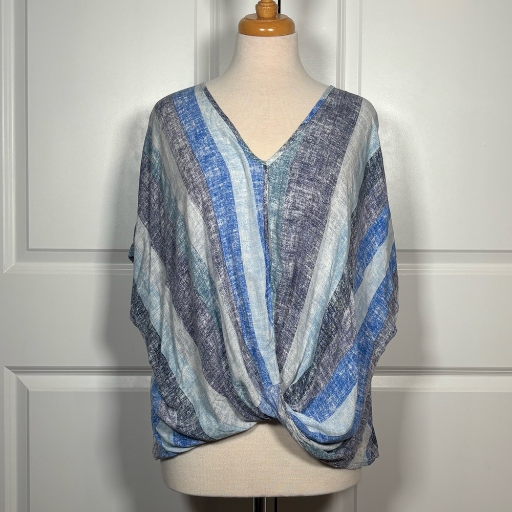 Umgee Multi Color Stripe V Neck Flare Sleeve Front Wrap